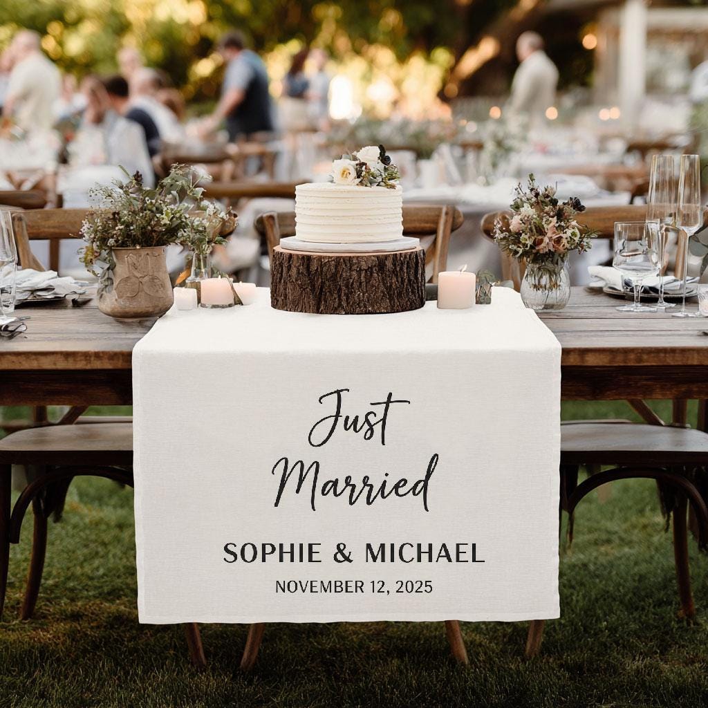 Just Married Wedding Table Runner, Personalized Newlywed Table Decor, Custom Wedding Banner, Sweetheart Table Sign, Wedding Reception Gift