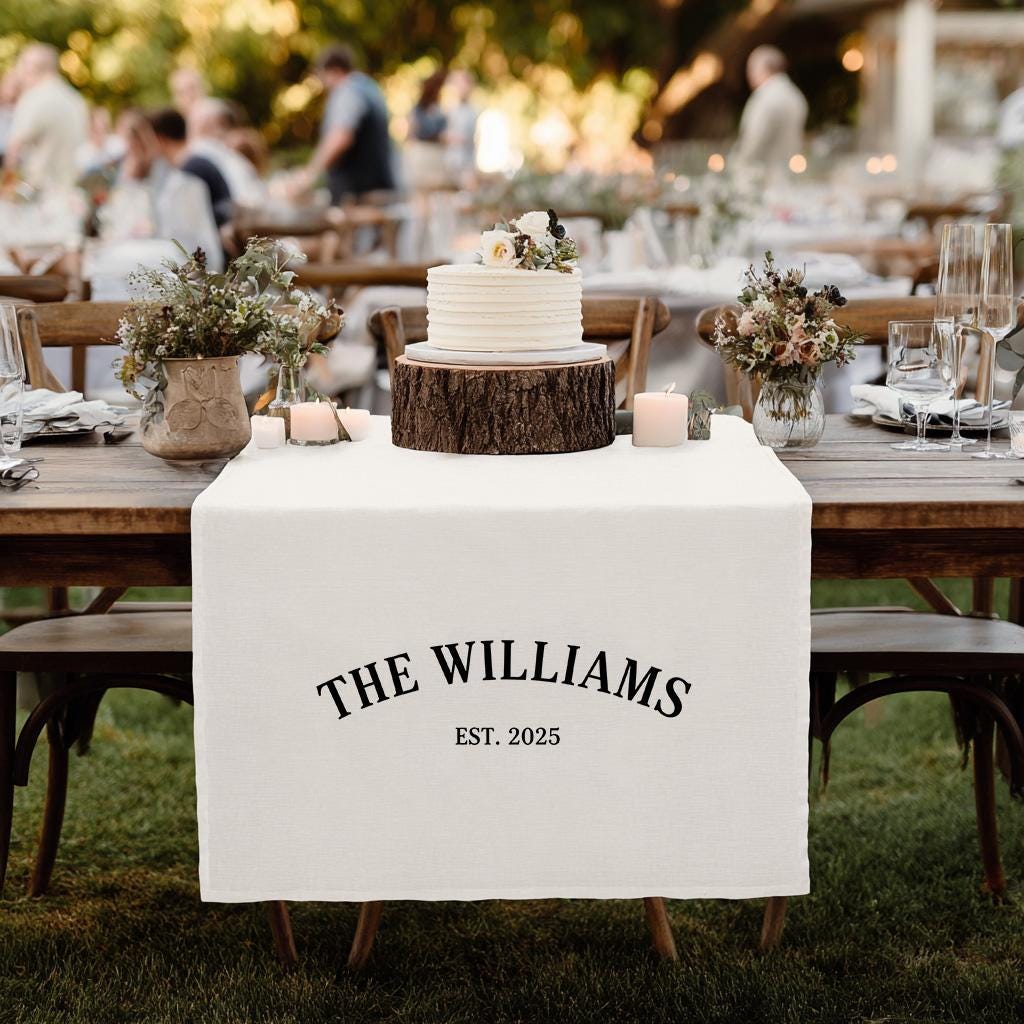 Personalized Family Name Wedding Table Runner, Custom Last Name Sign, Linen Wedding Banner, Sweetheart Table Decor, Anniversary Gift Idea