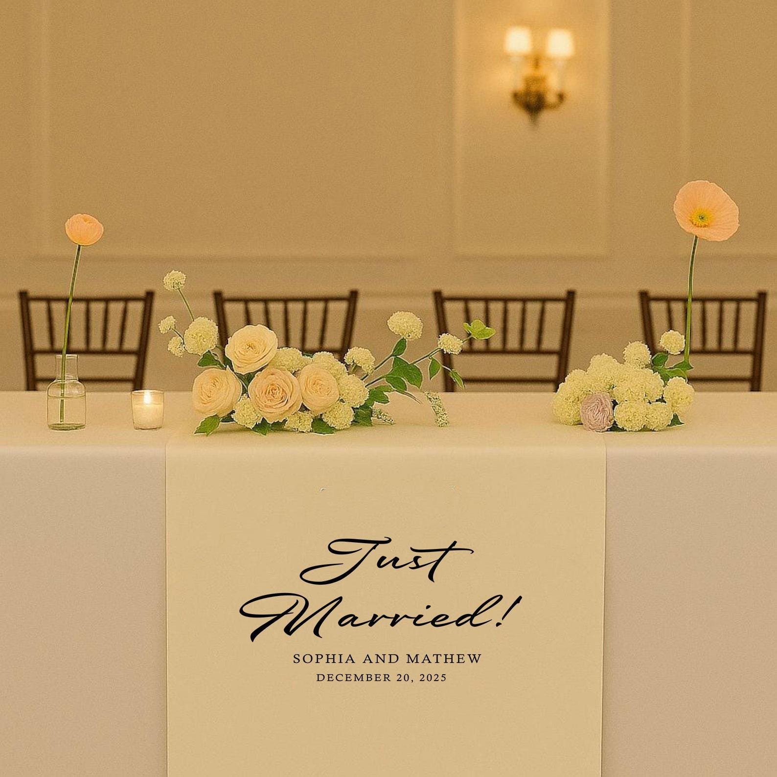 Custom Wedding Cake Table Runner, Just Married Banner, Personalized Couple Name Linen Runner,Rustic Sweetheart Table Wedding Reception Decor