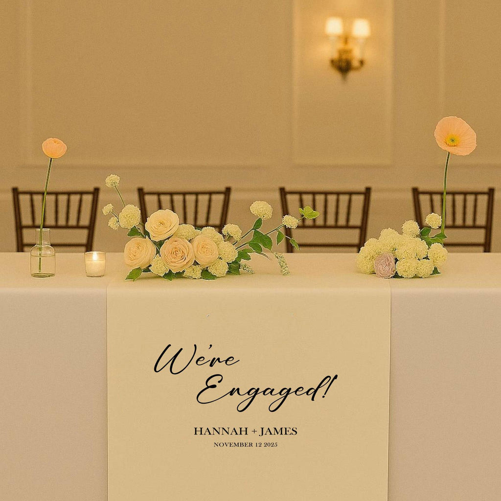 Custom Engagement Table Runner, We’re Engaged Linen Banner, Personalized Engagement Party Decor, Rustic Cake Table Decoration Sign Gift
