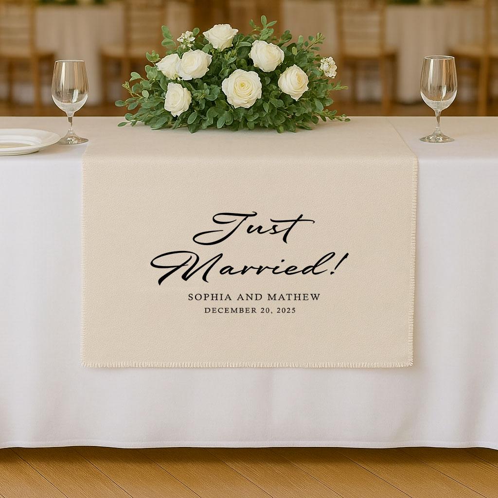 Custom Wedding Cake Table Runner, Just Married Banner, Personalized Couple Name Linen Runner,Rustic Sweetheart Table Wedding Reception Decor