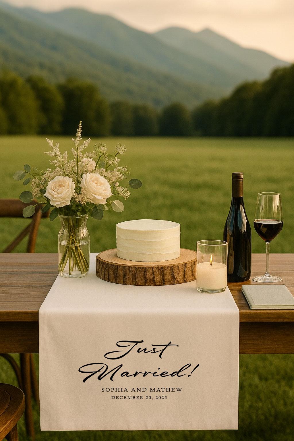 Custom Wedding Cake Table Runner, Just Married Banner, Personalized Couple Name Linen Runner,Rustic Sweetheart Table Wedding Reception Decor
