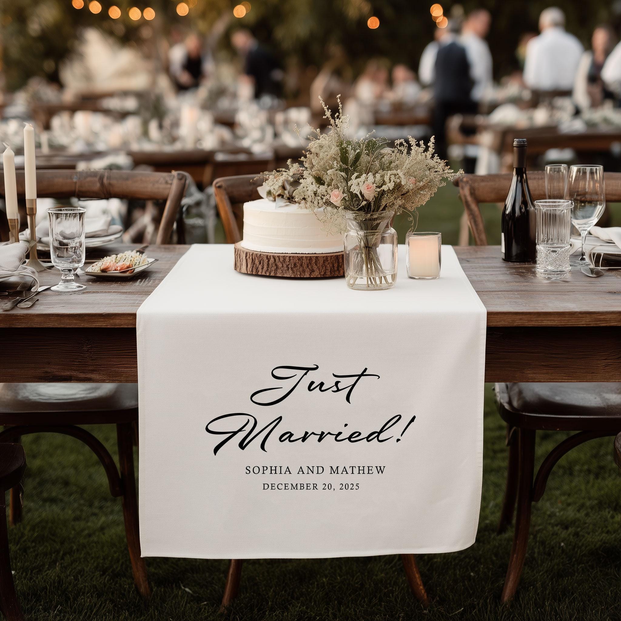 Custom Wedding Cake Table Runner, Just Married Banner, Personalized Couple Name Linen Runner,Rustic Sweetheart Table Wedding Reception Decor