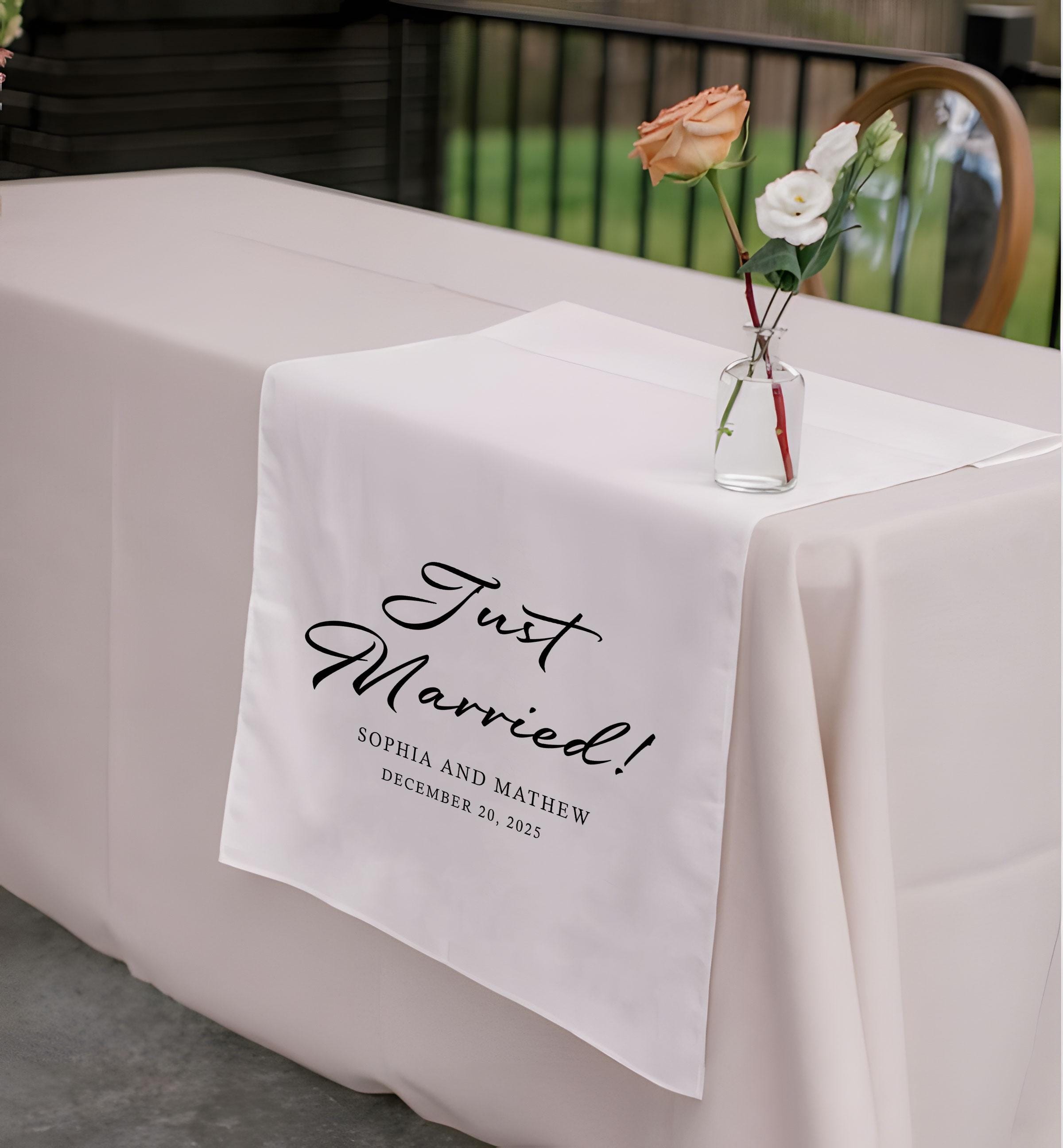 Custom Wedding Cake Table Runner, Just Married Banner, Personalized Couple Name Linen Runner,Rustic Sweetheart Table Wedding Reception Decor