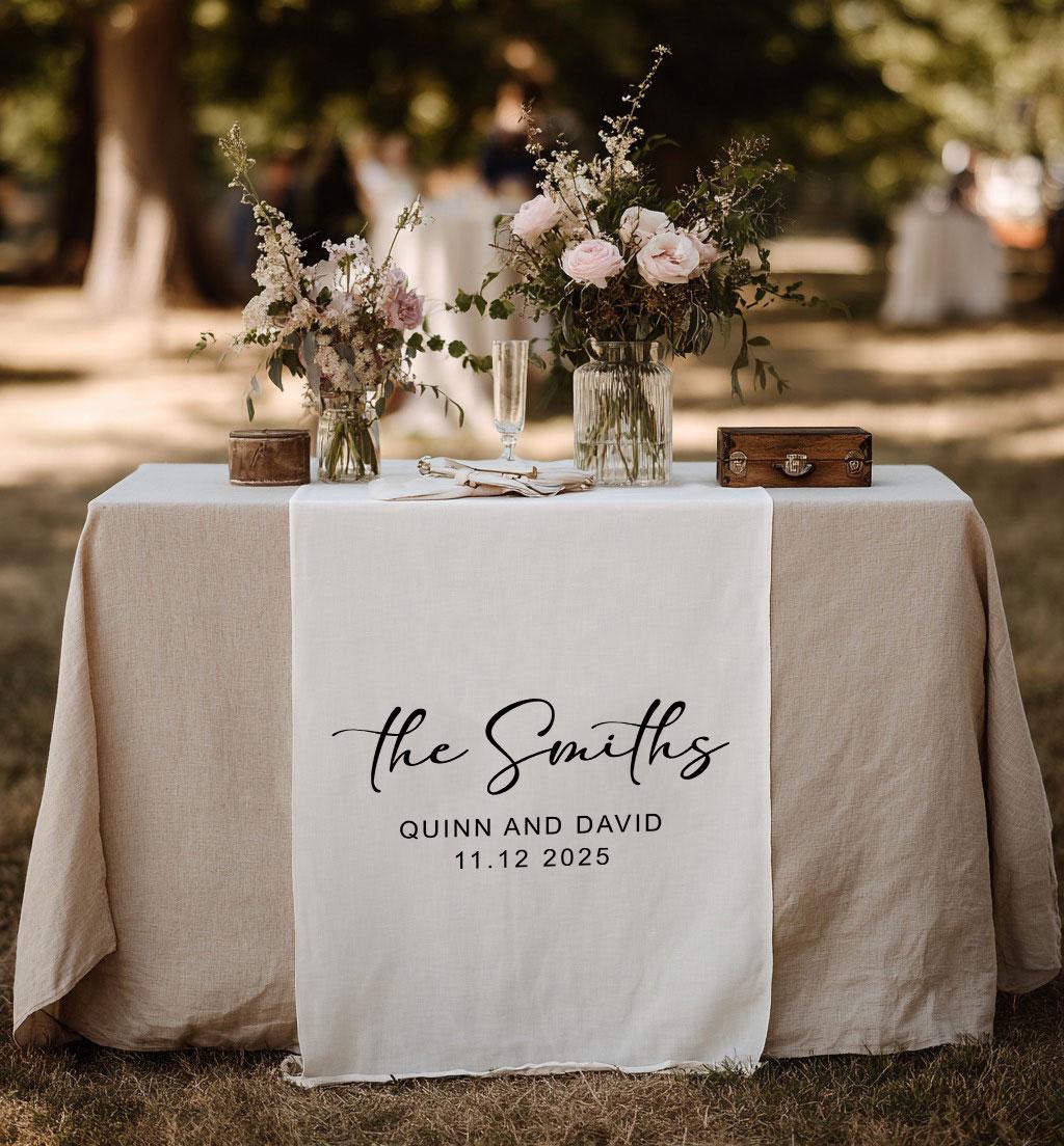 Personalized Wedding Table Runner, Custom Last Name Sign, Linen Table Decor, Sweetheart Table Banner, Wedding Gift for Couple