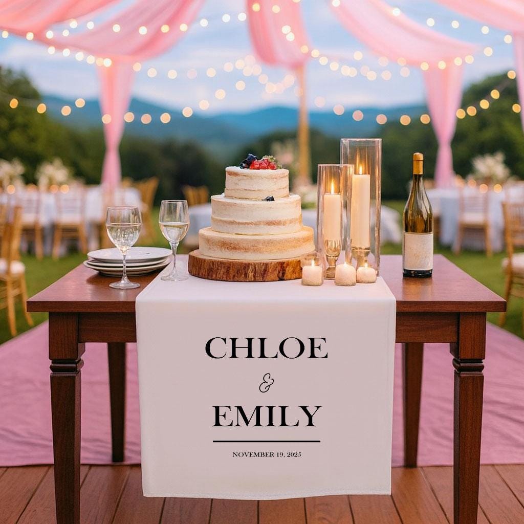Elegant Wedding Table Decor, Personalized Wedding Table Runner, Custom Linen Wedding Sign, Champagne Bar Sign, Sweetheart Table Decoration