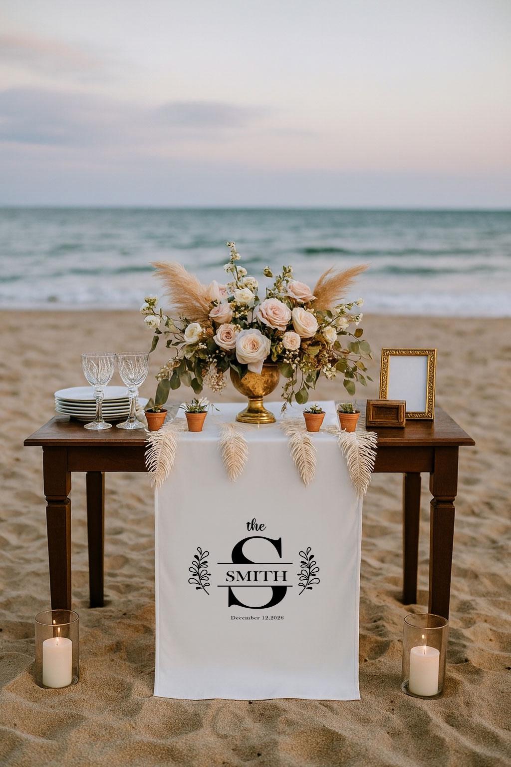 Personalized Wedding Table Runner with Last Name, Custom Linen Table Decor, Elegant Wedding Table Banner, Sweetheart Table Decoration Gift