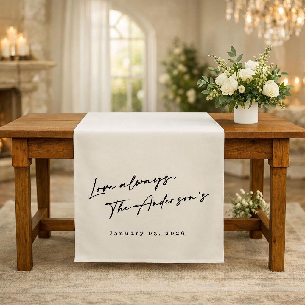 Personalized Wedding Table Runner with Quote and Last Name, Custom Linen Wedding Banner, Sweetheart Family Table Decor Sign
