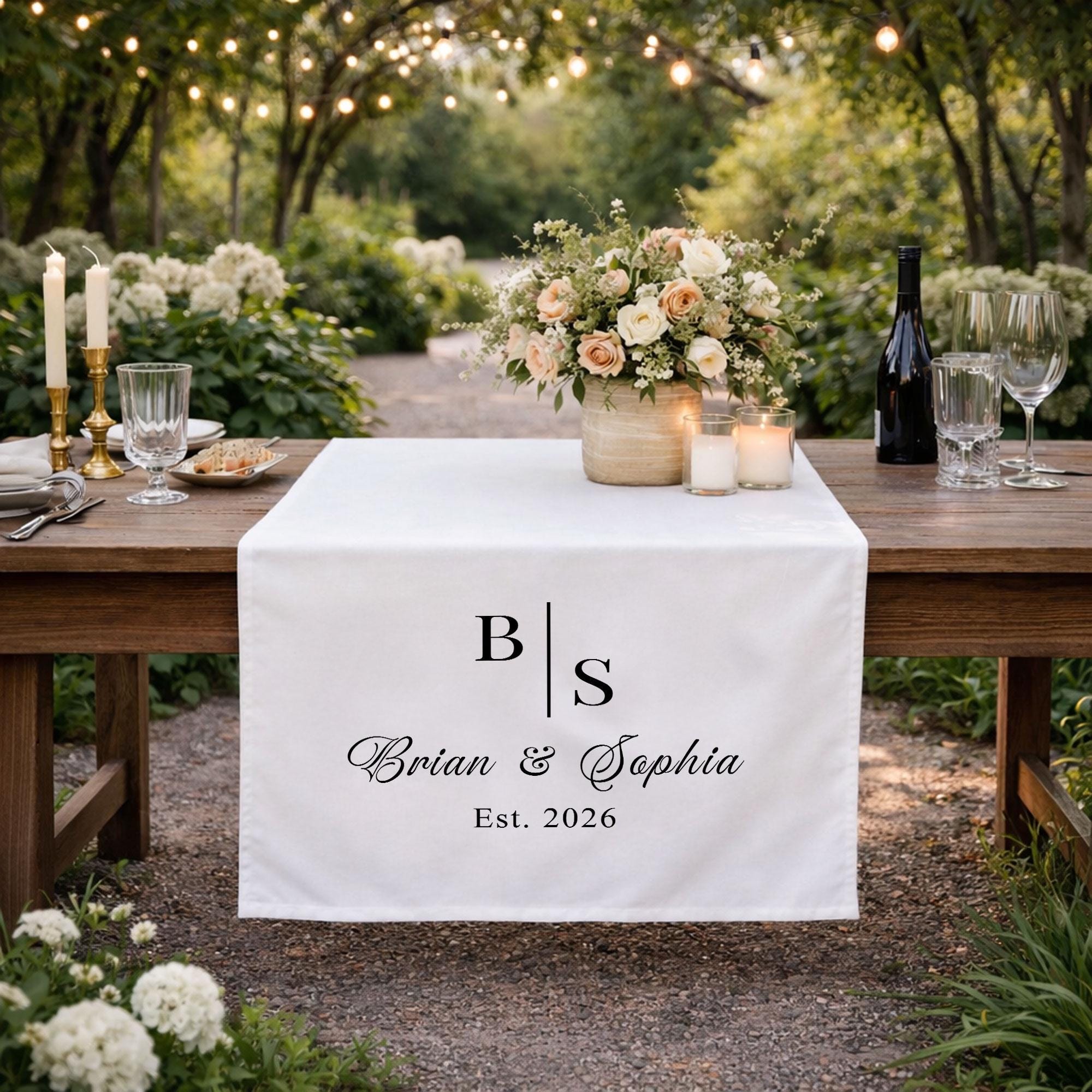Personalized Wedding Table Runner with Monogram, Custom Linen Sweetheart Table Decor, Elegant Wedding Banner with Names Est Date