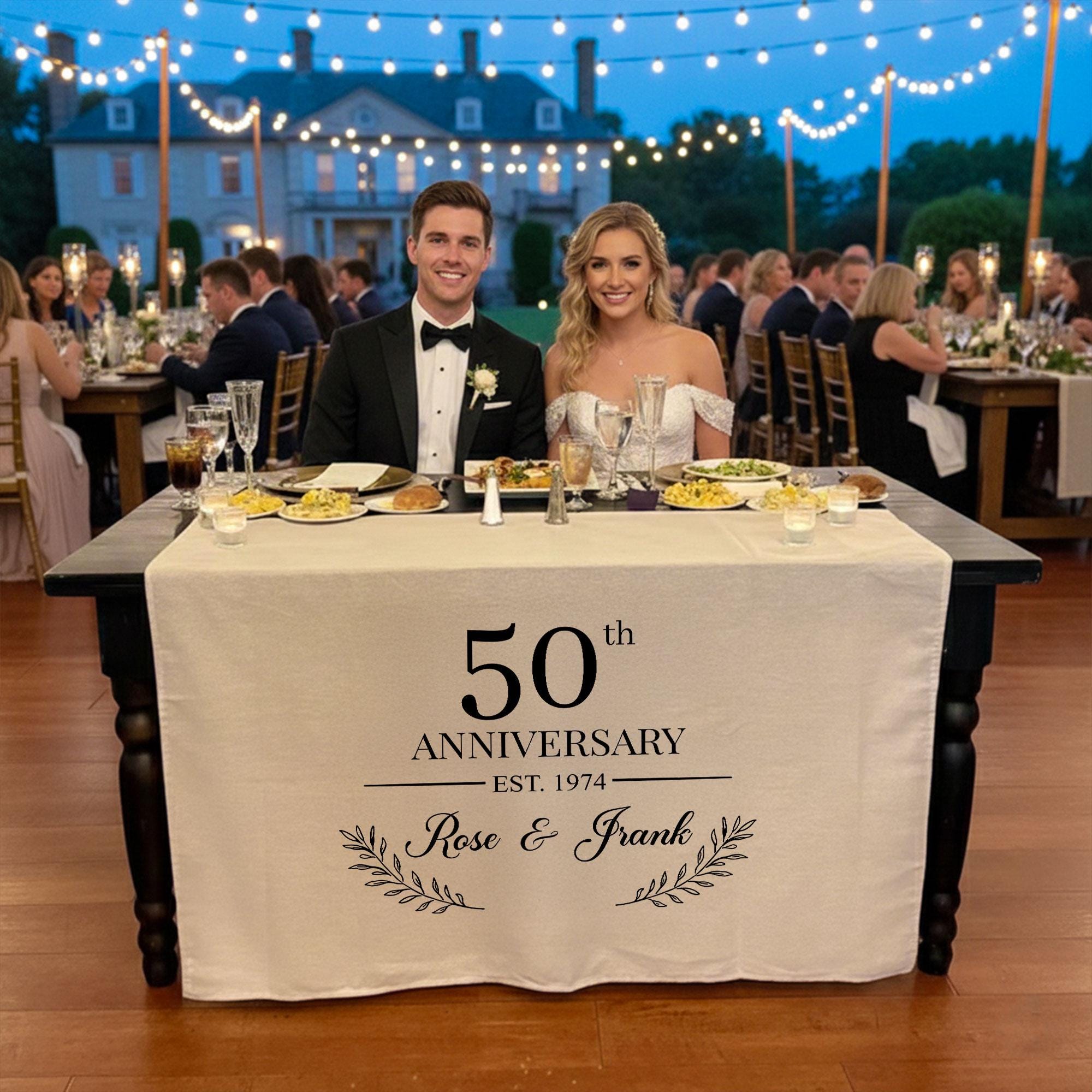 50th Anniversary Table Runner, Personalized Linen Anniversary Banner with Names and Est Year, Golden Wedding Cake Table Decor