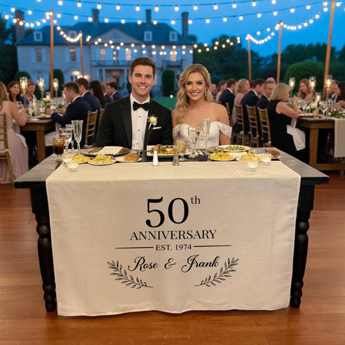 50th Anniversary Table Runner, Personalized Linen Anniversary Banner with Names and Est Year, Golden Wedding Cake Table Decor