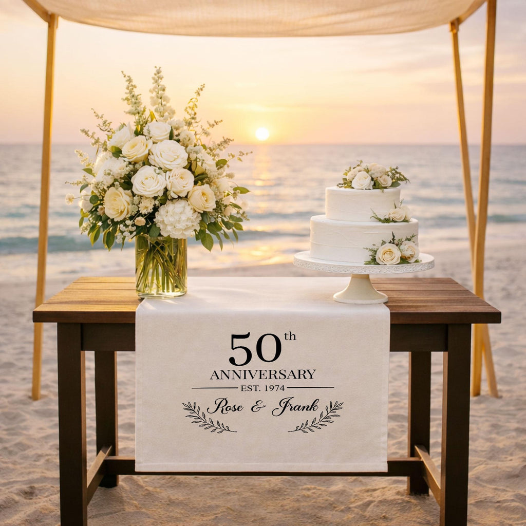 50th Anniversary Table Runner, Personalized Linen Anniversary Banner with Names and Est Year, Golden Wedding Cake Table Decor