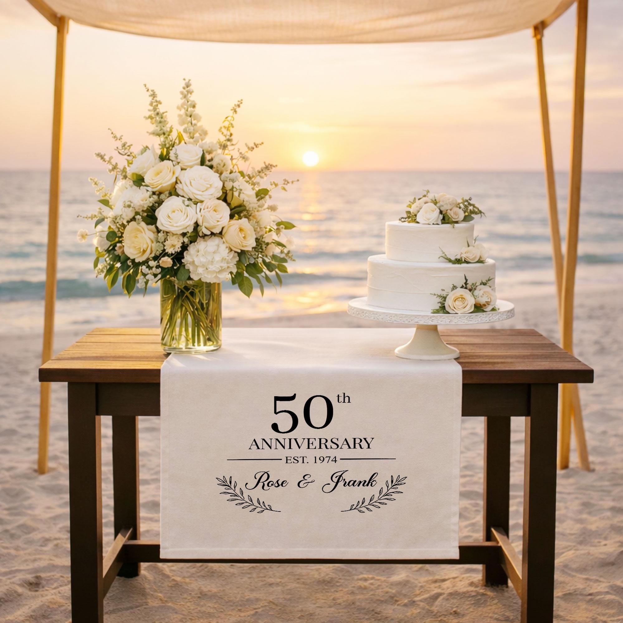 50th Anniversary Table Runner, Personalized Linen Anniversary Banner with Names and Est Year, Golden Wedding Cake Table Decor
