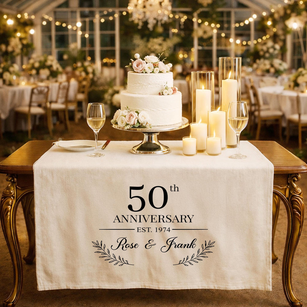 50th Anniversary Table Runner, Personalized Linen Anniversary Banner with Names and Est Year, Golden Wedding Cake Table Decor