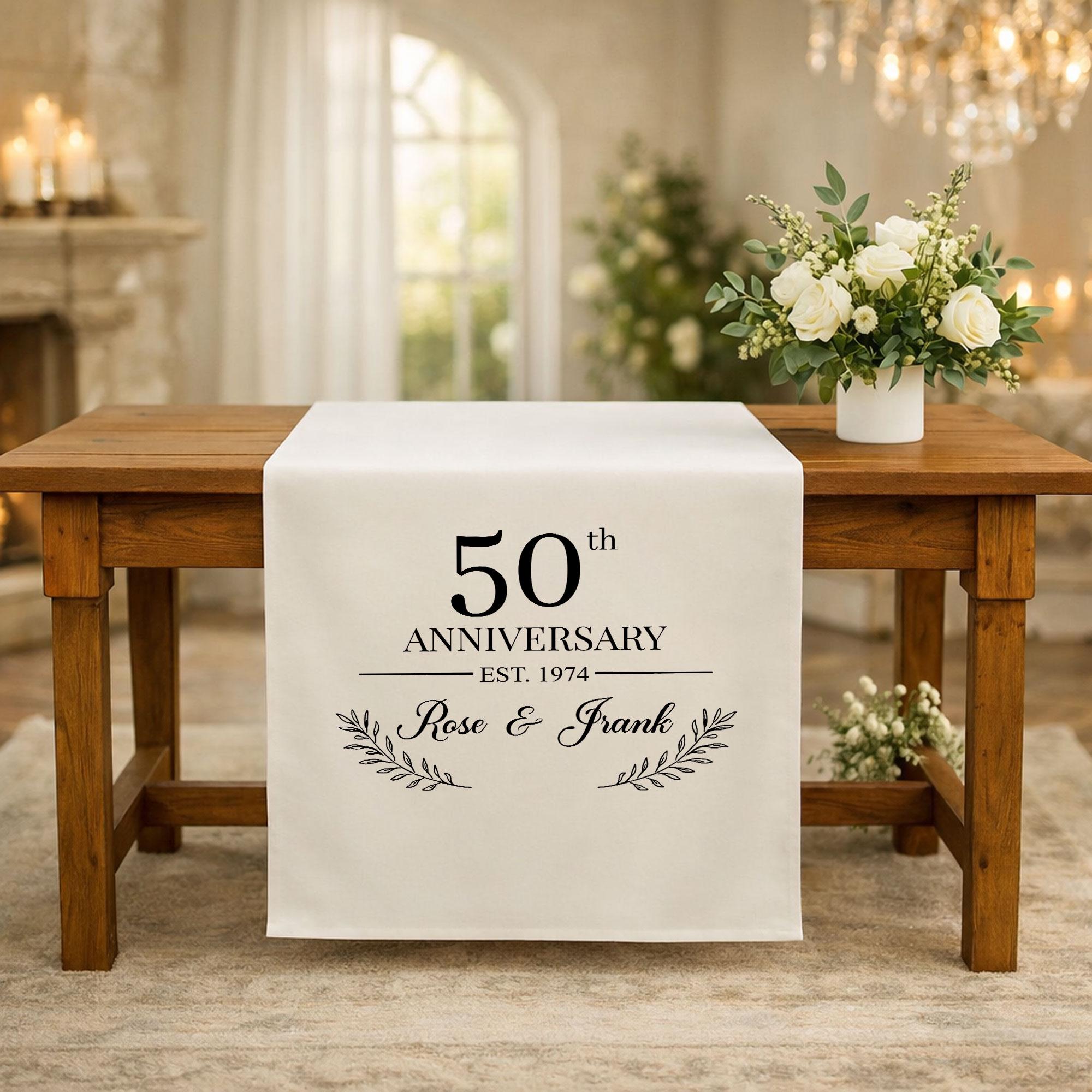 50th Anniversary Table Runner, Personalized Linen Anniversary Banner with Names and Est Year, Golden Wedding Cake Table Decor