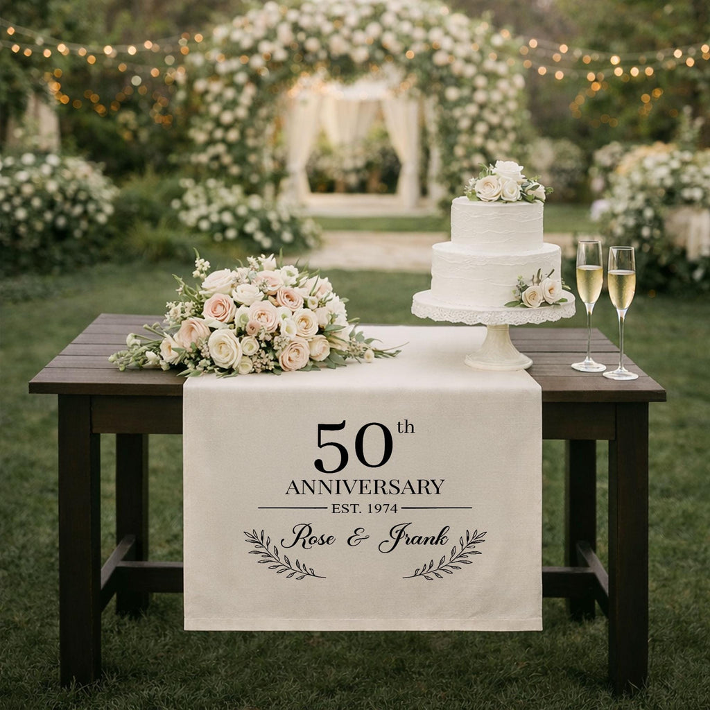 50th Anniversary Table Runner, Personalized Linen Anniversary Banner with Names and Est Year, Golden Wedding Cake Table Decor