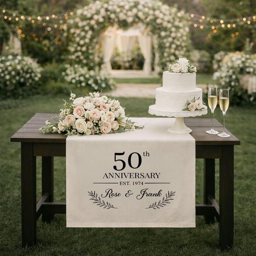 50th Anniversary Table Runner, Personalized Linen Anniversary Banner with Names and Est Year, Golden Wedding Cake Table Decor
