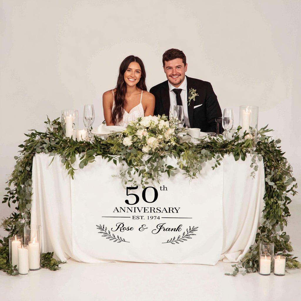 50th Anniversary Table Runner, Personalized Linen Anniversary Banner with Names and Est Year, Golden Wedding Cake Table Decor