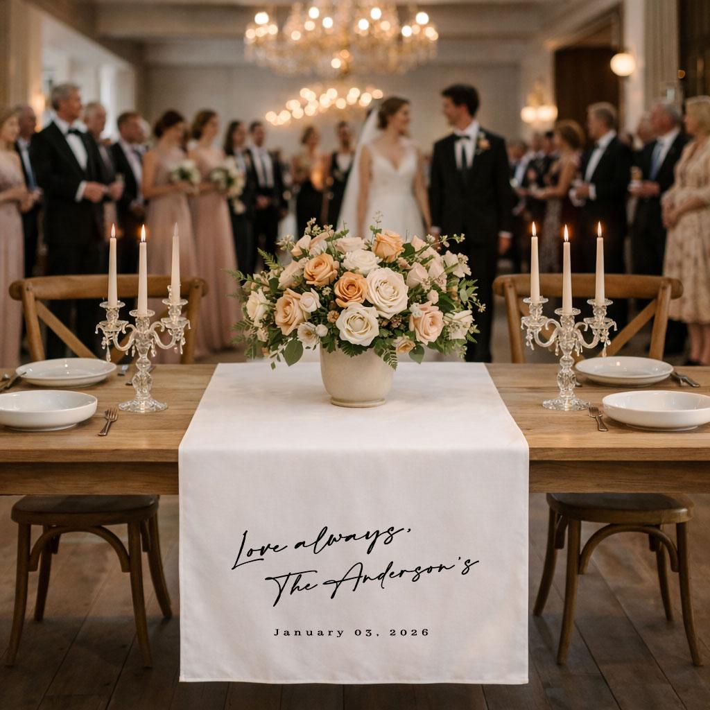 Personalized Wedding Table Runner with Quote and Last Name, Custom Linen Wedding Banner, Sweetheart Family Table Decor Sign