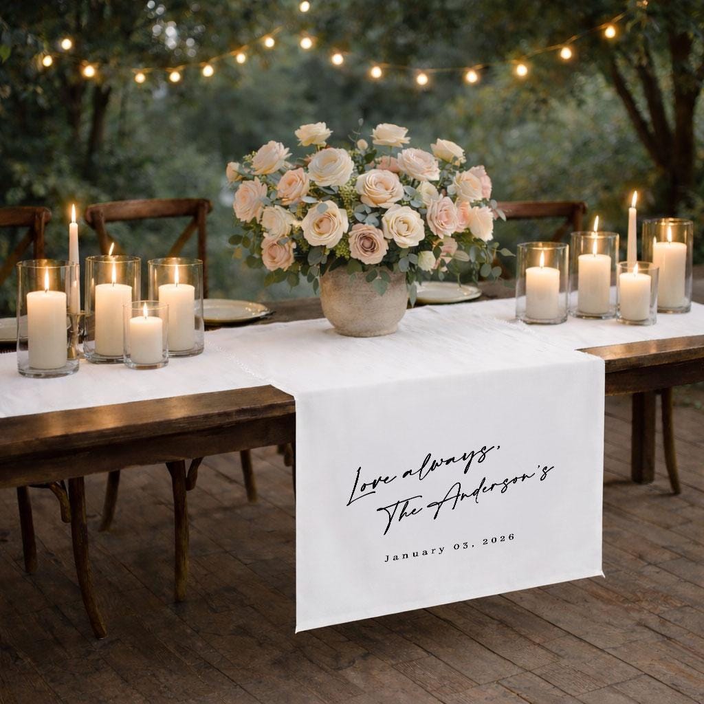Personalized Wedding Table Runner with Quote and Last Name, Custom Linen Wedding Banner, Sweetheart Family Table Decor Sign