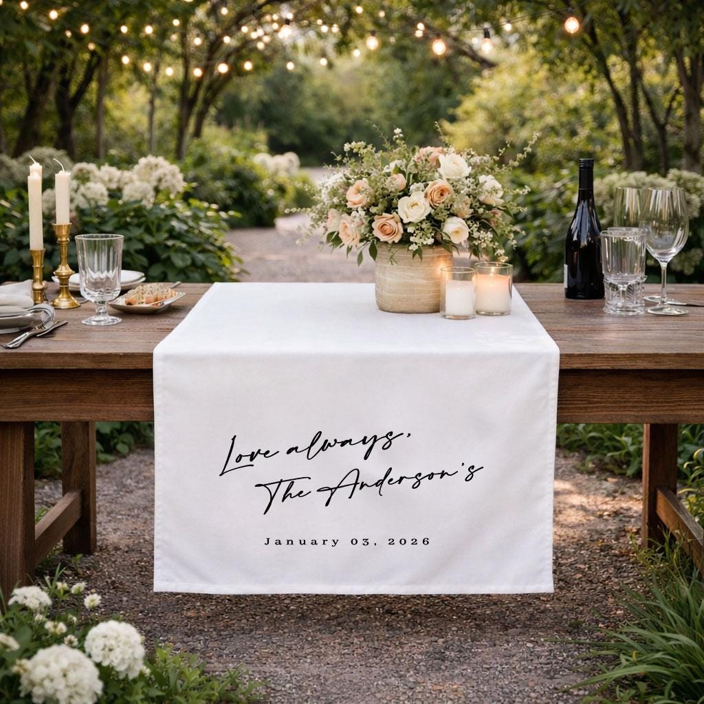 Personalized Wedding Table Runner with Quote and Last Name, Custom Linen Wedding Banner, Sweetheart Family Table Decor Sign