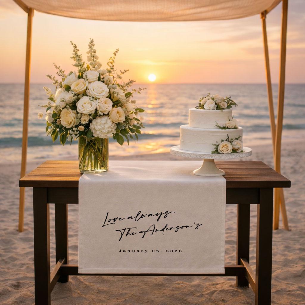 Personalized Wedding Table Runner with Quote and Last Name, Custom Linen Wedding Banner, Sweetheart Family Table Decor Sign