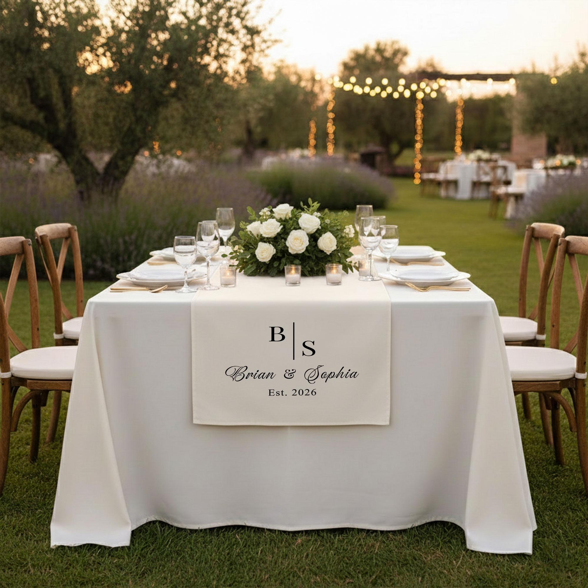 Personalized Wedding Table Runner with Monogram, Custom Linen Sweetheart Table Decor, Elegant Wedding Banner with Names Est Date