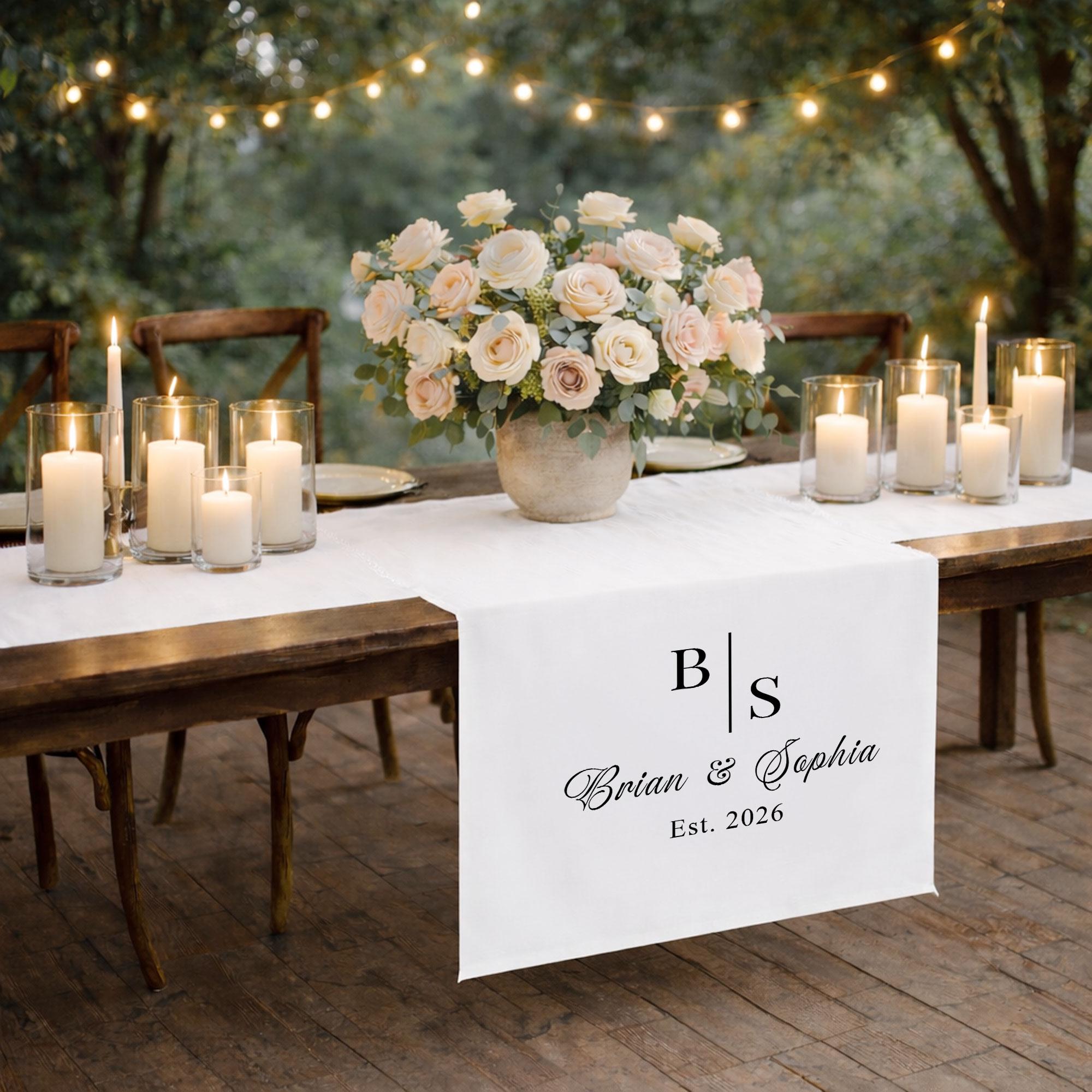 Personalized Wedding Table Runner with Monogram, Custom Linen Sweetheart Table Decor, Elegant Wedding Banner with Names Est Date