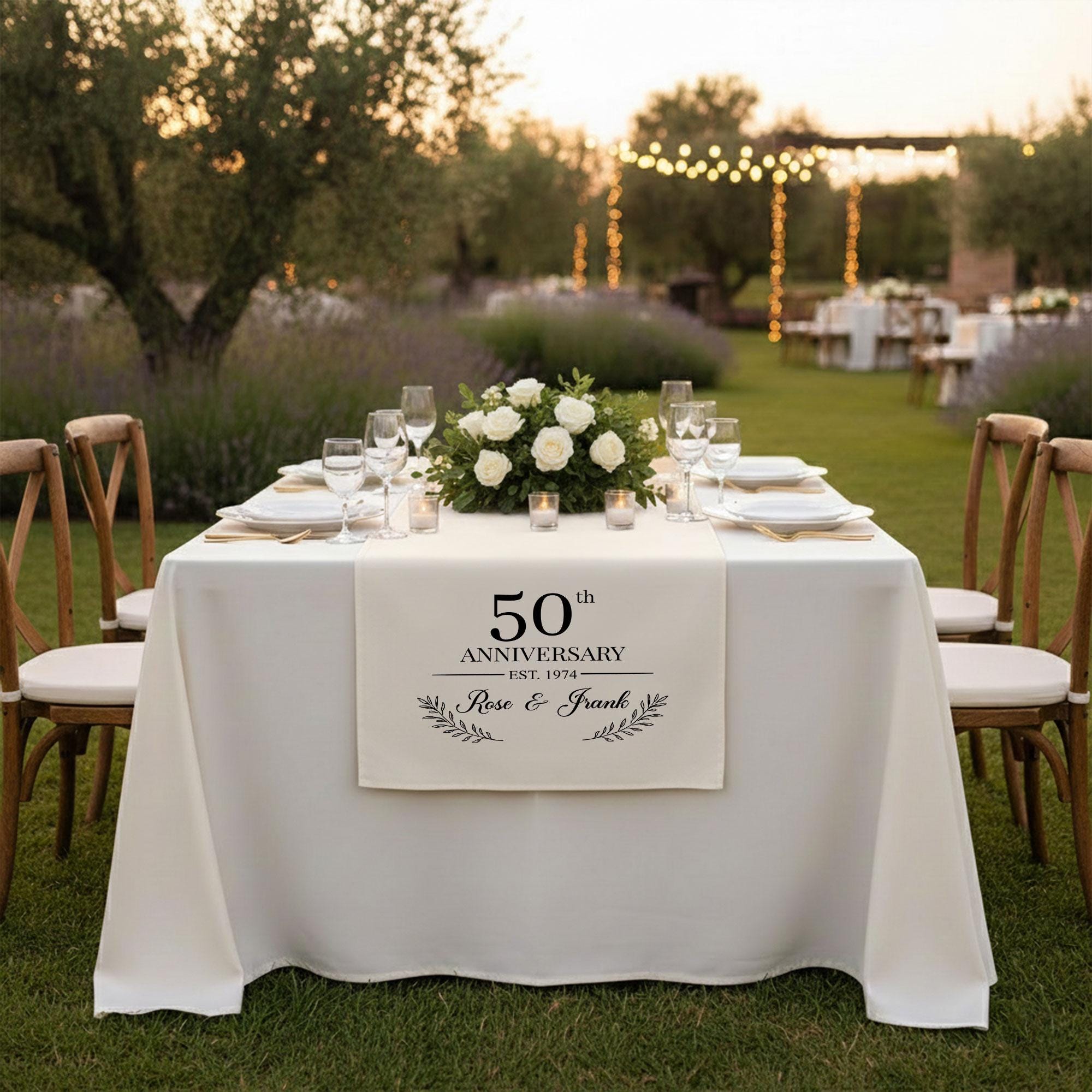 50th Anniversary Table Runner, Personalized Linen Anniversary Banner with Names and Est Year, Golden Wedding Cake Table Decor