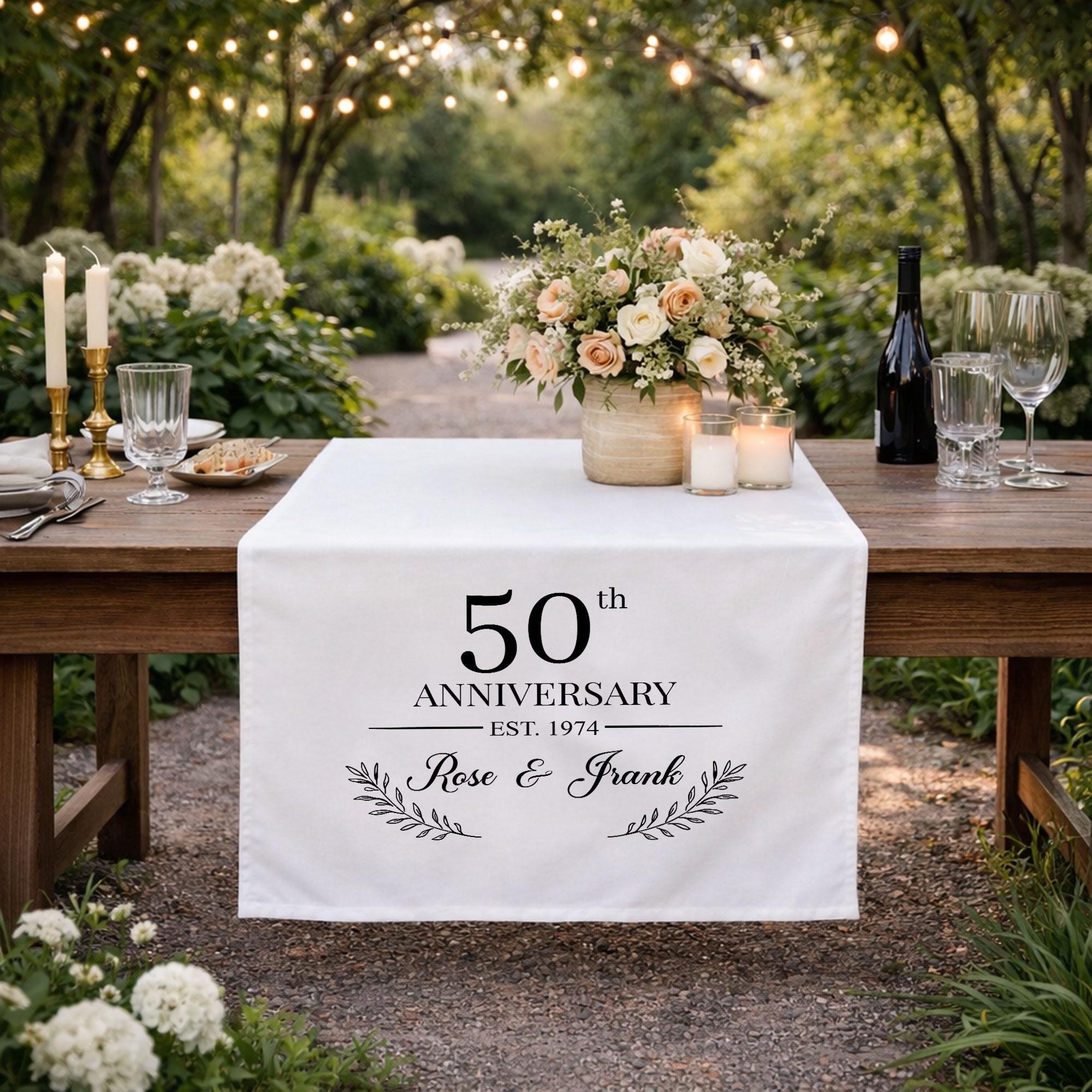 50th Anniversary Table Runner, Personalized Linen Anniversary Banner with Names and Est Year, Golden Wedding Cake Table Decor