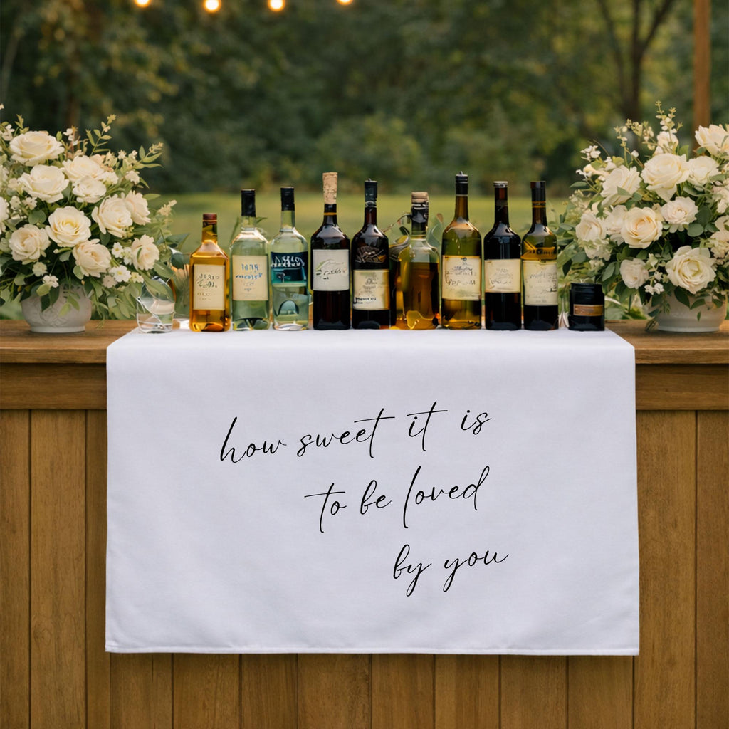Romantic Wedding Table Runner with Love Quote, Elegant Sweetheart Table Decor for Reception, Custom Head Table Linen Sign