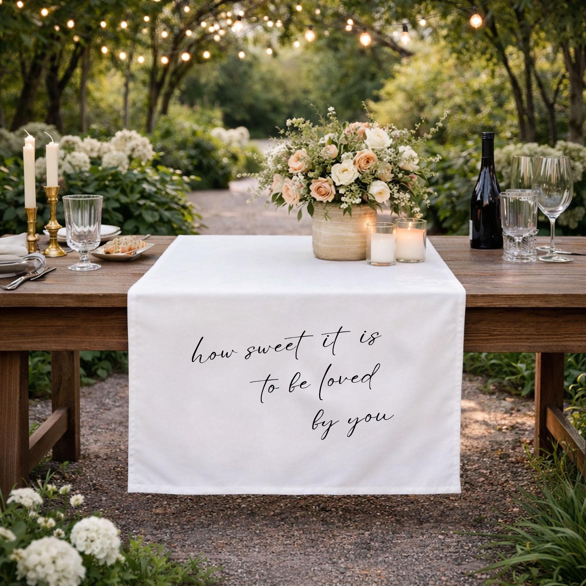 Romantic Wedding Table Runner with Love Quote, Elegant Sweetheart Table Decor for Reception, Custom Head Table Linen Sign