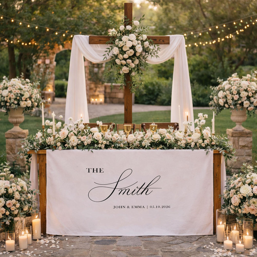 Personalized Wedding Table Runner with Last Name, Custom Sweetheart Table Decor, Elegant Head Table Wedding Banner
