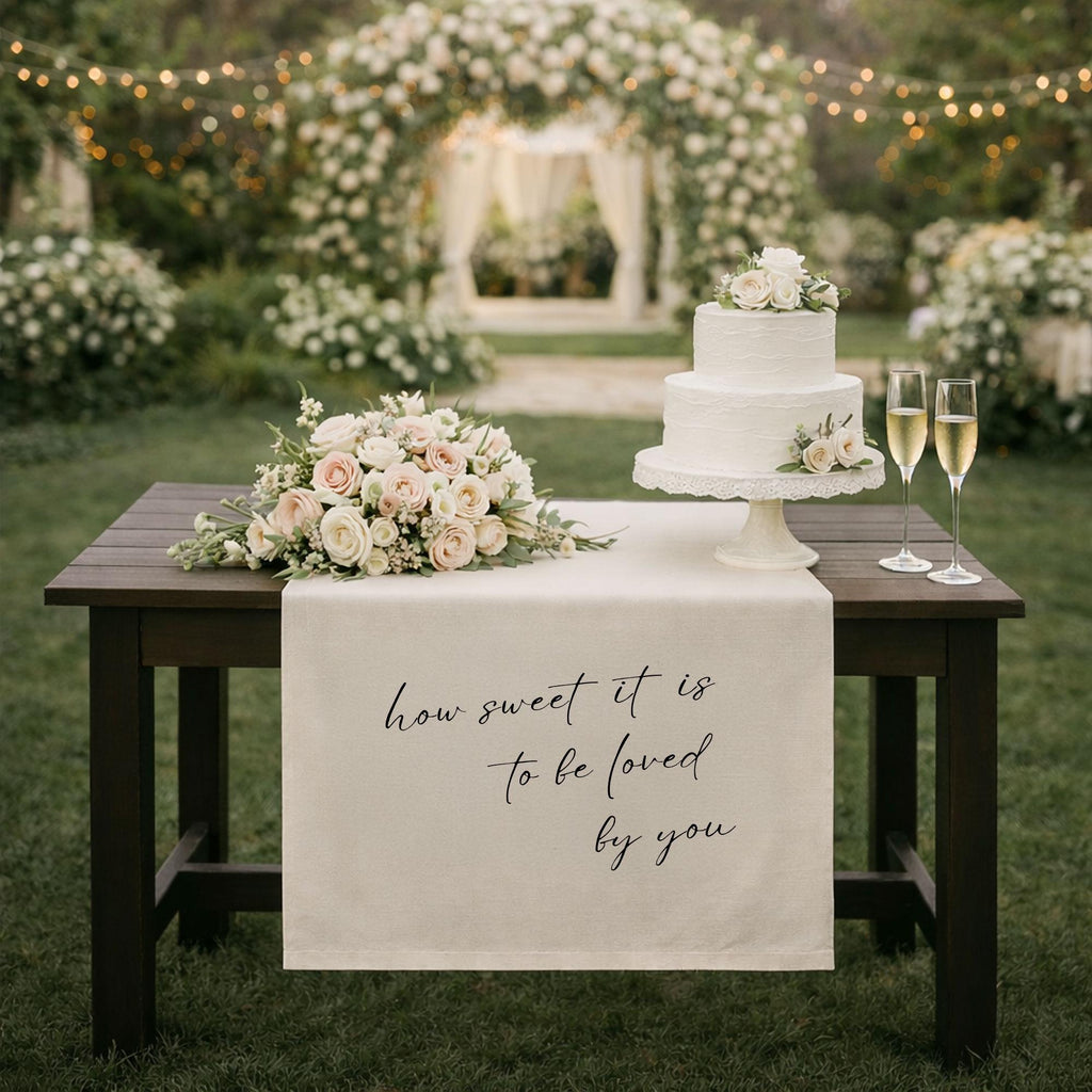 Romantic Wedding Table Runner with Love Quote, Elegant Sweetheart Table Decor for Reception, Custom Head Table Linen Sign