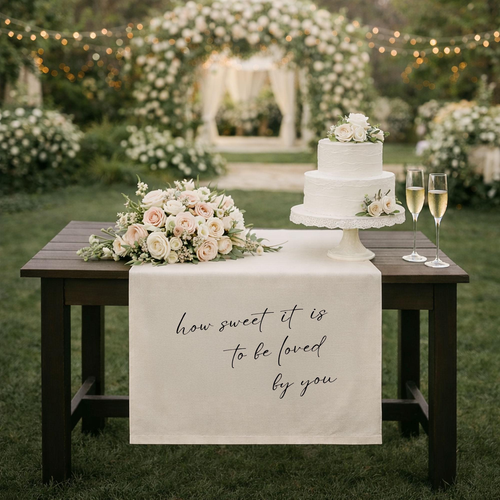 Romantic Wedding Table Runner with Love Quote, Elegant Sweetheart Table Decor for Reception, Custom Head Table Linen Sign