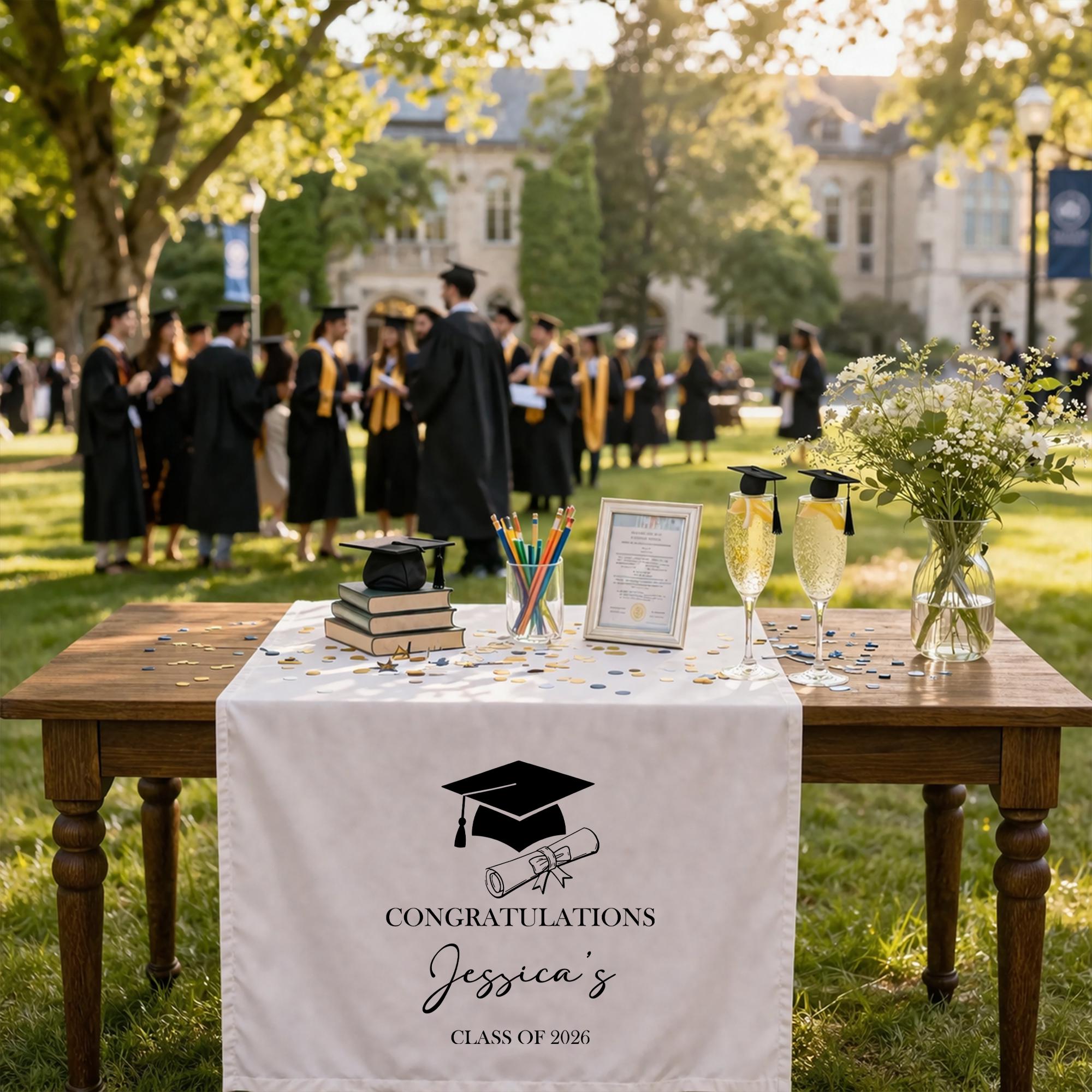 Graduation Table Runner, Personalized Class of 2026, Custom Name Graduation Decor, Minimalist Black White Senior Party Table Decoration