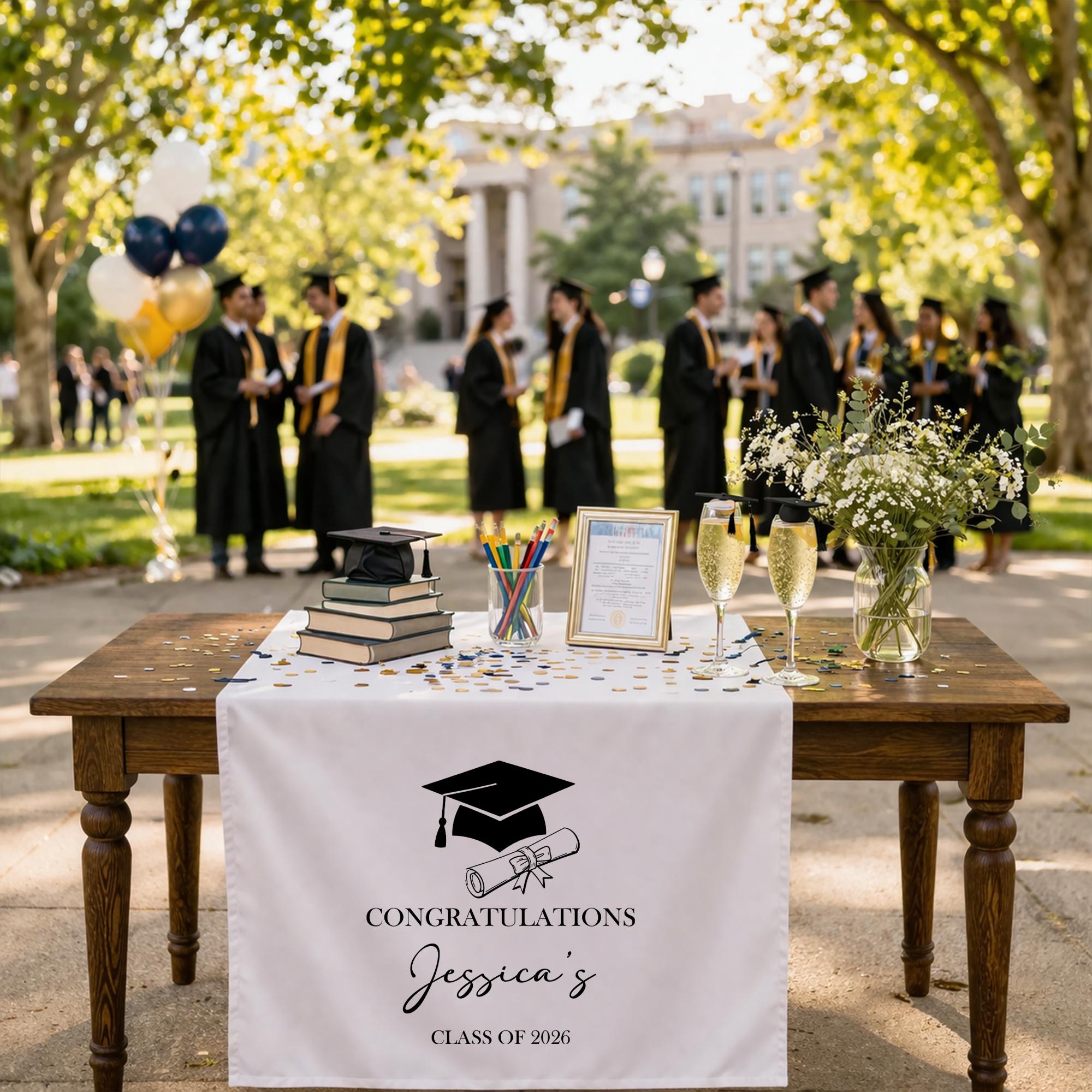 Graduation Table Runner, Personalized Class of 2026, Custom Name Graduation Decor, Minimalist Black White Senior Party Table Decoration