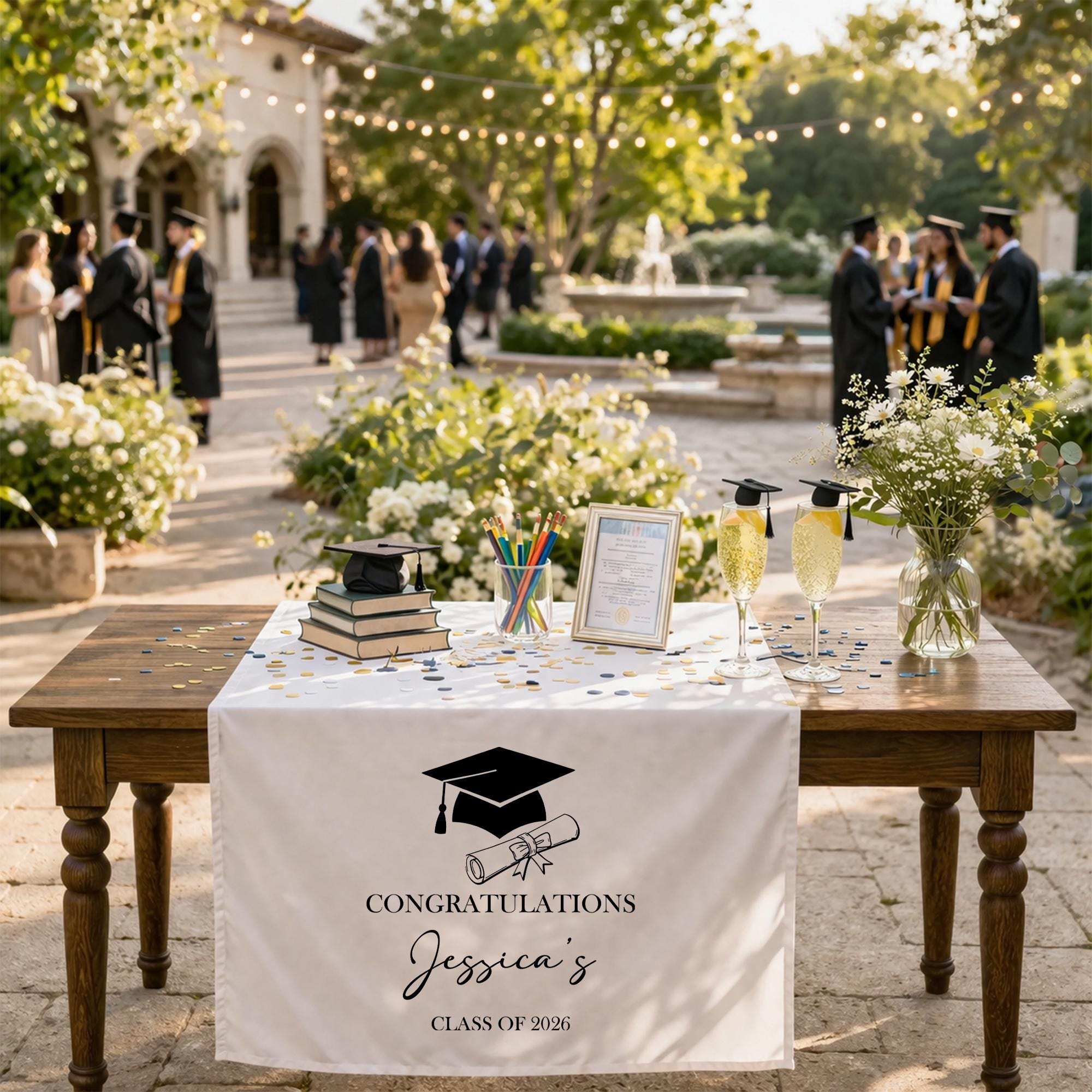 Graduation Table Runner, Personalized Class of 2026, Custom Name Graduation Decor, Minimalist Black White Senior Party Table Decoration